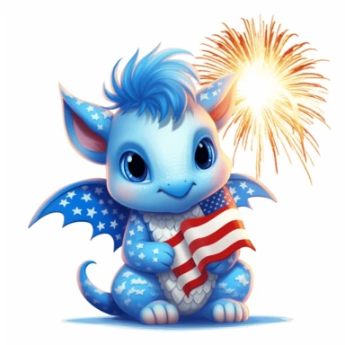 illustration of cute baby dragon in read white and blue american flag colors, fireworks, 4th of july, clipart svg, white background