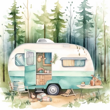 cute watercolor vintage camper clip art, woodland background