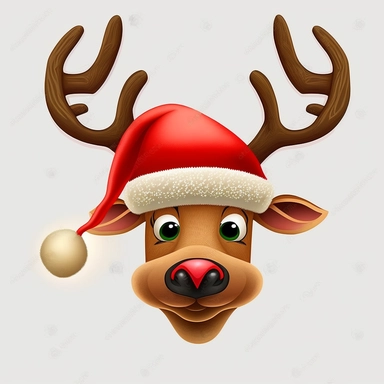 beautiful portrait of Rudolph, Christmas Reindeer, Christmas hat, cartoon style by Disney, clipart, flat design, white background, digital art