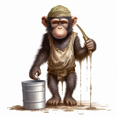 clipart of standing chimpanzee, holding dripping brush and bucket to paste poster onto wall in the style of artist Shepard fairy