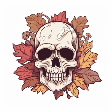 hand drawn png clip art color art of cute skulls on fall leaves