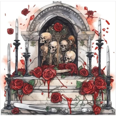 clipart, highly detailed stone altar, adorned with sacrificial knives and dark symbols, in the heart of a Gothic castle's underground chambers, red roses, watercolor, transparent background, white background