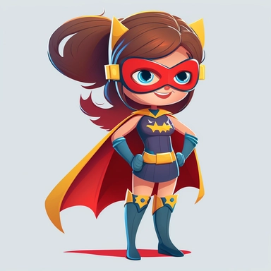 full body happy, smiley and cute little superhero girl with eye mask, cape and dress, looking directly ahead, in clipart style