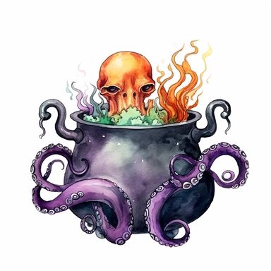 hand drawn black cauldron with bubbling potion, large bone in the cauldron, an octopus tentacle coming out of cauldron and hanging on the side, Halloween, purple orange and green shades, fantasy, glamorous, clipart style, detailed and realistic, watercolor, white background with margins