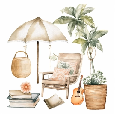 watercolor clipart sheet, white background, perfectly spaced, empty space around, house plant, lantern, composition of a parasole and a sun chair on a circle carpet, books, basket