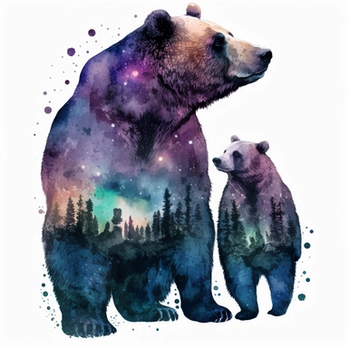 Forest mama bear and baby bear with galaxy Color inside body, watercolor clipart