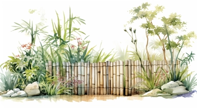 A bamboo screen acting as a fence in a tropical garden setting clipart, white background, watercolor drawing