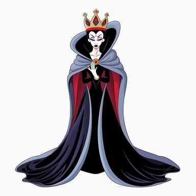 2d thick-lined clipart illustration of an evil but beautiful countess, in the style of 1959's sleeping beauty movie, white background
