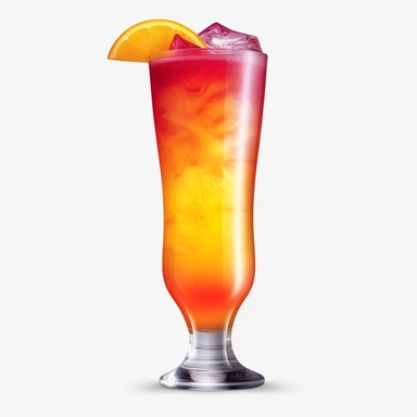 Classic tequila sunrise cocktail, equal layers of golden liqueur, orange juice and cranberry juice in a hurricane style glass, bold colors, retro neon style, photorealistic, high-resolution photography, white background, transparent background PNG clipart – ar 16:9