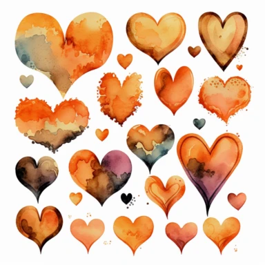 watercolor orange color hearts different shades clipart