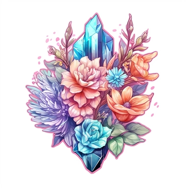 Cute Beautiful Pastel Magic Crystals Flowers Sublimation Clipart, very detailed ,Cartoon,hyper realistic, intricate detail, illustration style,high solution,on the white background