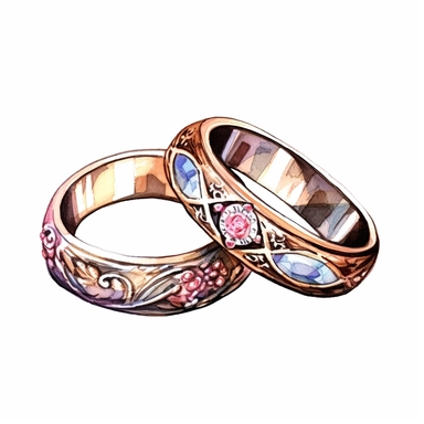 Design an elegant clipart image of decorative wedding rings, intricately crafted with exquisite details and placed against a transparent background, signifying the eternal bond between two individuals ,Glamour Weeding ,Weeding on the beach, Watercolor, Detailed, sweet, majestic, high resolition, transparent background, no captions