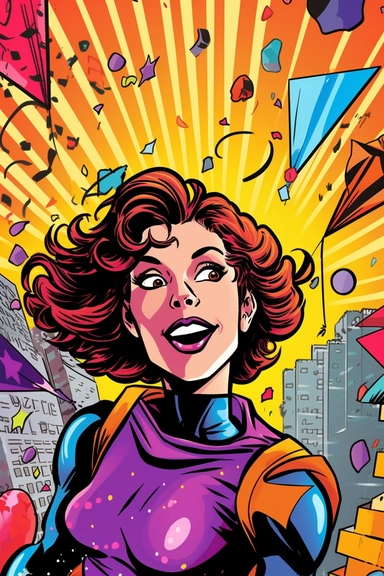 Generate a comic book-style clipart image of a female superhero character's birthday celebration. Use bold and vibrant colors, along with dynamic speech bubbles, to create a sense of excitement. Include elements like cake, gifts, and party decorations in a comic book panel layout