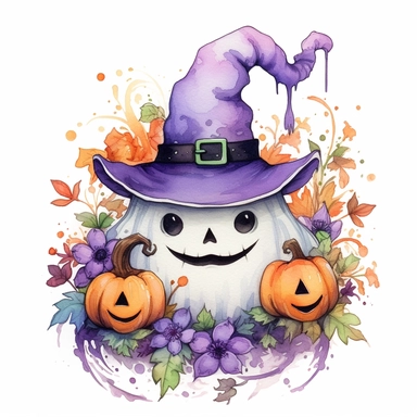 Cute Ghost wearing a Halloween hat, pumpkin, purple flowers, Halloween sublimation, watercolor, digital painting, highly detailed, realistic,style by Lucy Fleming, watercolor, smooth gradients, black contour outline, ultra detailed, clipart elements, delicate pastel colors, solid white background, super clear, high quality