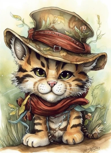 clipart,a cute little tiger in a field with a cowboy hat on its head and a bandana on its neck,in the style of jody bergsma, 32k uhd, hand-painted details, charming character illustrations, dark brown and light beige,red/green, aquarellist, hd , white background clipart