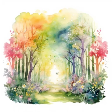 a mesmerizing magical forest watercolor clipart, a realm brimming with natural beauty and enchantment. Towering trees, adorned with colorful blossoms and shimmering leaves, create a whimsical canopy overhead. Sunbeams filter through the foliage, illuminating a carpet of vibrant flowers and soft moss, white background, 4k, details