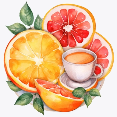 An orange fruit with a slice cut out, placed on a plate or tray with other fruits or desserts, Watercolor, pastels, clipart, beautiful, colourfull, png transparent white background, high resolution, no caption q4 s2
