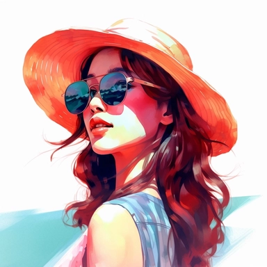 watercolor, hyper realistic, white background, white margins, 16k, ultra detailed clipart, cut out image, hand-drawn, whimsical manhwa style, ultra HD, sharp and clean art sun wearing sunglasses, radiating sunshine and summer vibes., Bright and vibrant colors that evoke the energy and warmth of summer, such as a combination of coral, turquoise, and yellow.