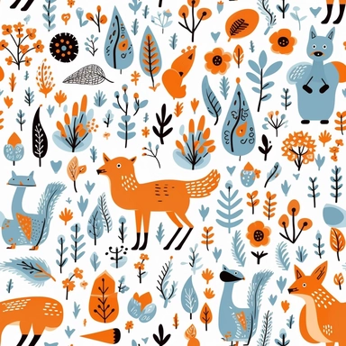 collection of free clipart of creatures, animals and flowers, in the style of light blue and amber, allover composition, joyful celebration of nature, 20th century scandinavian style, forestpunk, feminine sticker art, white background, seamless repeating pattern