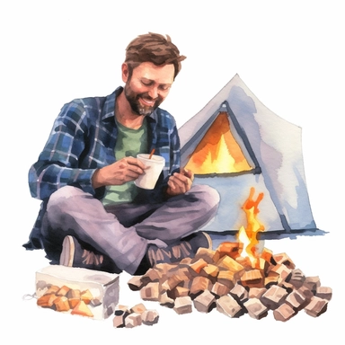 A father and son camping, sitting around a campfire and roasting marshmallows, Watercolor, Clipart, detailed, high resolution, transparent background PNG