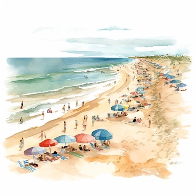 watercolor chic illustration of Playa la Bota in Punta Umbría, Huelva, Spain, featuring its wide sandy shoreline, gentle rolling waves, beach umbrellas, and people enjoying activities like sunbathing, swimming, and beach volleyball, beautiful, clipart, sticker art, flat 2d, 8k, high definition, white background