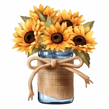 on white background high detailed clipart featuring sunflowers tied with jute ribbon in a jar, coffee mug in watercolor style, hyper realistic illustration flat color
