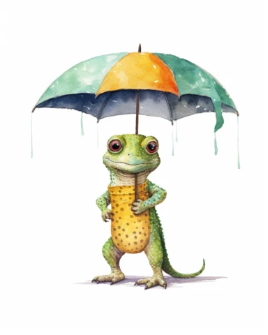 a realistic baby Umbrella Lizard. clipart with watercolor illustration, full body shot ,8k, style of Bohemian, style of Anna Süßbauer and Jon Klassen,vector, Vector, white background,Solid Background, Sharpness and clarity, masterpiece, trending on Artstation and Dribbble.