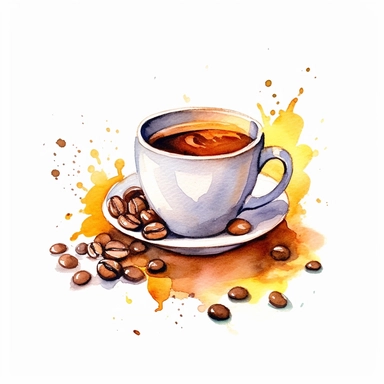 Coffee cup and coffee beans, white background, watercolor clipart