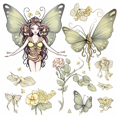 Clipart of spring fairy butterflies and flowers, in the style of watercolour, clean outline, magical, enchanted,