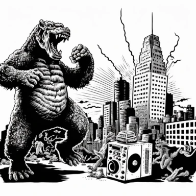 retro cartoon comic of Godzilla dancing with King Kong on a destroyed city, black and white vintage art clipart illustration, white background,