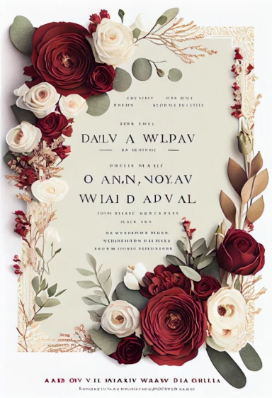 beautiful, intricate, sharp focus, stunning, beautiful wedding invitation, dried red roses, white ranunculus, and wax flowers, boho wedding invitation, show entire invitation, no border, clipart, on white background, flat lay, extreme detail, wedding invitation,