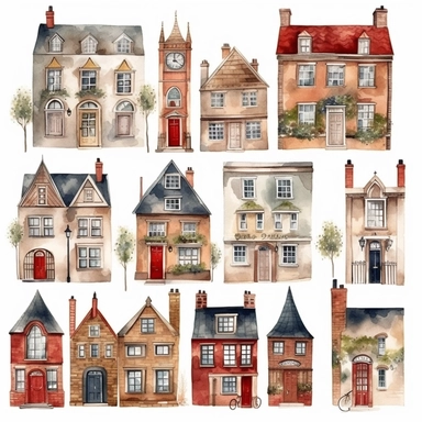 watercolor london town houses , illustrations clipart set, simple, , cartoon elements ,different variants , separate elements with a margin