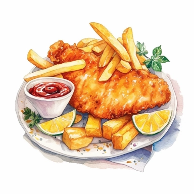 A delightful watercolor, hyper - realistic clipart image with a white background and white margins, showcasing a plate of crispy fish and chips. The ultra - detailed, hand - drawn elements capture the golden batter and tender fish. Use whimsical touches to add a sense of freshness, and bold shades of yellow and brown to evoke the comforting and satisfying nature of this classic fast food dish