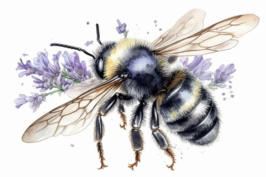 Aquarelle Bumble Bee Clipart on a lavender flower, detailed painting, white background, single design, isolated white background, 8k, spaced out