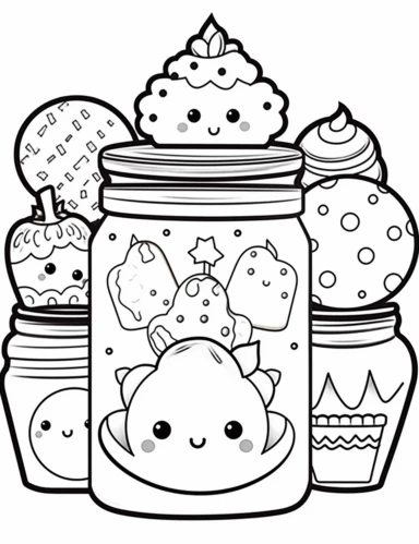 A kawaii illustration of a jar filled with an assortment of adorable cookies in different shapes and sizes For Simple Coloring page,line art, thick lines, black and white,clipart, illustration, on white background,margin Page 10px