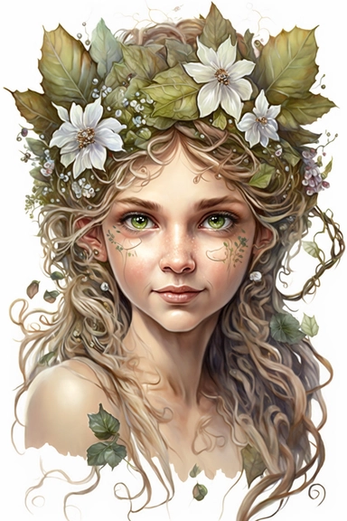 divine Flower Fairy Girl, healthy skin tone, smiling, worm eyes, romantic, Fantasy Elf Clipart, Cute, white background, painting, watercolor, hyper realistic, inticate details