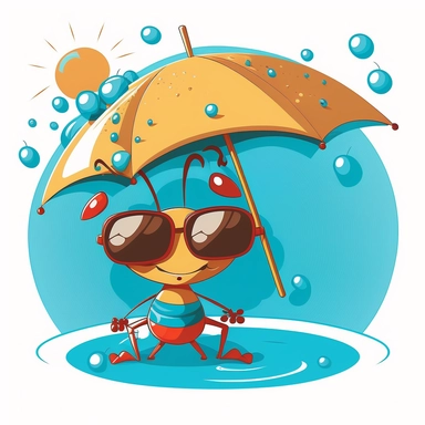 an adorable ant jumping in the pool surrounded by umbrellas on a sunny day, with sunglasses cartoon style clipart