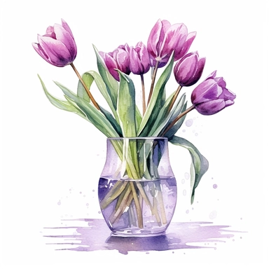 detailed vibrant watercolor bouquet of purple tulip flower in glass vase with water on white space , isolated on white background, realistic, clipart