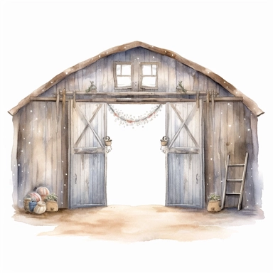 A watercolor painting inside a cute empty open barn with doors open in Bethlehem Christmas, cute detailed digital art, inspired by nicoletta ceccoli, by Kubisi art, whimsical and cute, by nicoletta ceccoli, cute detailed artwork, glimmering, adorable and whimsical, whimsical art, Clipart style, png style, svg style, blank white background, a solid white background