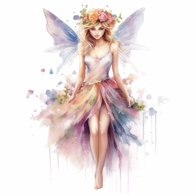 a fairytale style overrealistic beautiful fairy princess with watercolor effect,full body,fairy crown,magical scene,fairy flowers,fairy colors,suitable for digital clipart,white background