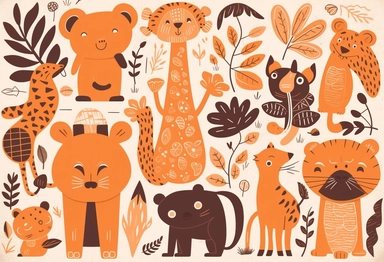cute jungle animals clipart set for silhouette and for cricut, in the style of graph paper, white and orange, 8k, colorful caricature, #screenshotsaturday, hatching, óscar domínguez