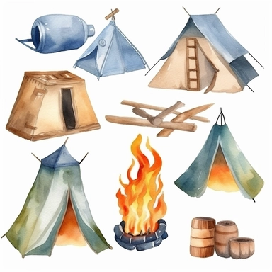 watercolor cartoon camp fires and tents clip art realistic white background