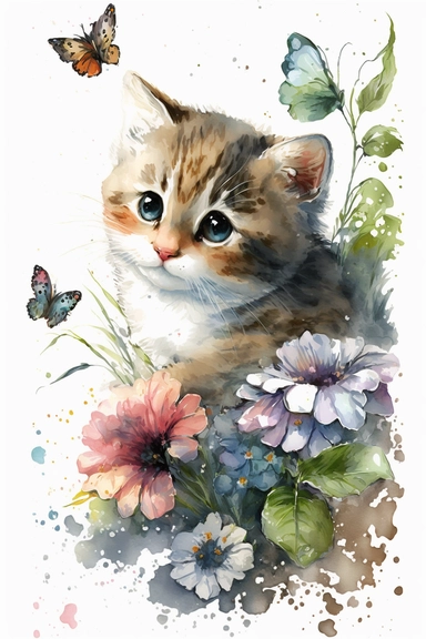Adorable chaton jouant avec papillon et fleurs : Clipart aquarelle,réalisé félin mignon, utilisation commerciale, 300 DPI, Art mural, fabrication de cartes,