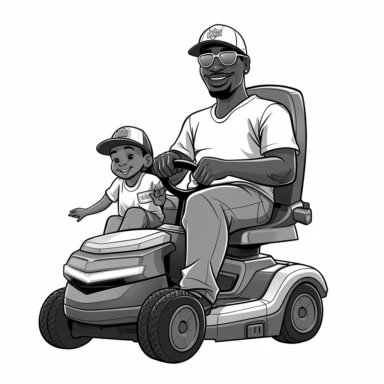 create a clipart of black and white cartoon for a logo of a black father and son riding on a lawn mower. the background all white,blank. the dad with only a mustache. both with matching clothes and a low fade. all white background. no hats or accessories