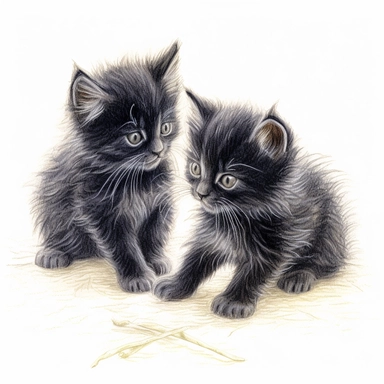 2 fuzzy black kittens playing, color pencil sketch on a white background for clipart