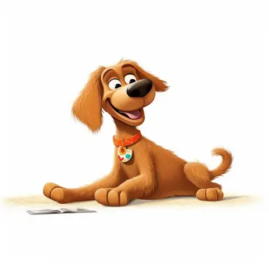a cartoon dog lying on beach getting a tan, beach setting, full body image, pixar style, clipart, white background