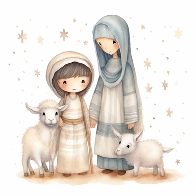 A watercolor painting of a cute nativity with Mary and Joseph, Christmas, cute detailed digital art, inspired by nicoletta ceccoli, by Kubisi art, whimsical and cute, by nicoletta ceccoli, cute detailed artwork, glimmering, adorable and whimsical, whimsical art, Clipart style, png style, svg style, blank white background, a solid white background