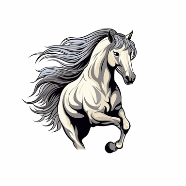 Clip Art, 2d, Flat Vector, SILVER ARABIAN Breed Horse With BLACK Extremely long thick Mane LOGO on White Background, NO TEXT, NO WATERMARK,