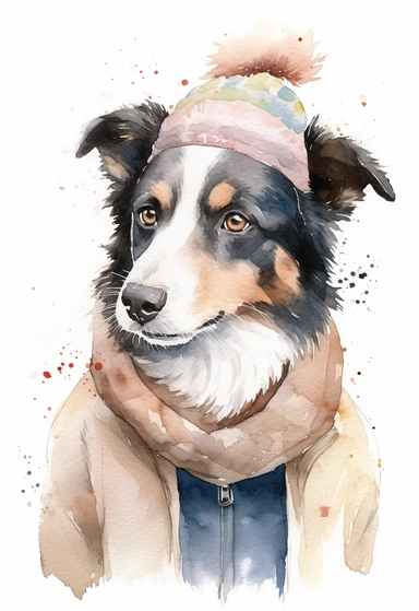 watercolour of a Border Collie wearing A cable-knit cream sweater with a dark brown leather bomber jacket, Complete the look with a gray beanie hat and a matching scarf, clipart, colourful, pastel color, watercolour, single sheet