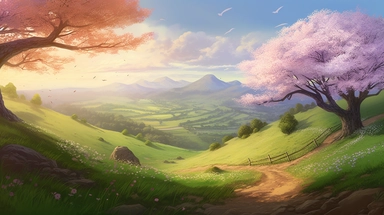 A serene and idyllic anime illustration of a pristine natural landscape in the heart of springtime, where the world is reborn in a riot of color and life. Cherry blossoms gently sway in the breeze, their petals carpeting the ground beneath, while verdant meadows stretch out toward the horizon. This captivating illustration is expertly crafted using a Wacom Cintiq Pro 24 drawing tablet and renowned illustration software, such as Clip Studio Paint EX, capturing the unique visual style and vibrant 